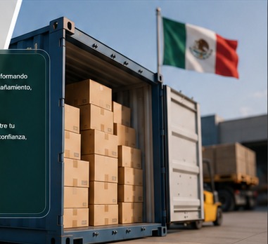 Contenedor de importación con bandera de México